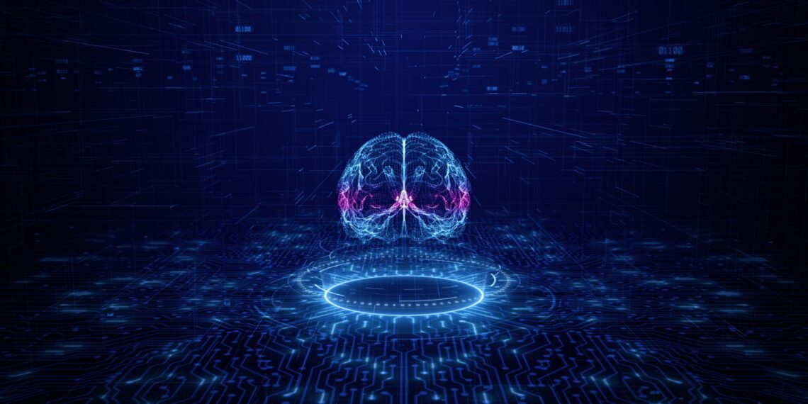Artificial intelligence concept. Brain over a circuit board. HUD future technology digital background