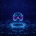 Artificial intelligence concept. Brain over a circuit board. HUD future technology digital background