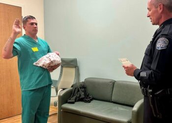 New Calif. officer sworn into PD in wife’s hospital room, with newborn son in hand
