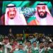 King Salman and the crown prince shown on screen at a Saudi Premier League game in Riyadh in September.