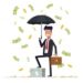 Businessman or manager hold umbrella and standing under money rain. Office worker character isolated on white background. Vector, illustration EPS10.