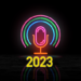 A glowing neon podcast mic sign with the year 2023 superimposed on in