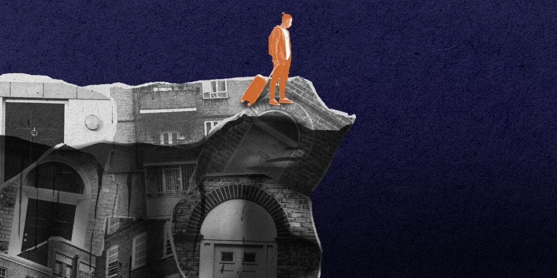 This picture shows a child pulling a suitcase and standing on top of a cliff-like figure, which depicts the harsh reality of children being relocated in the foster care system.