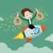 Happy businesswoman flying on rocket and holding dollar money bags