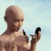 Robot woman with pierced face applying lipstick