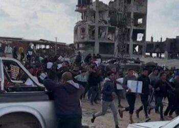 Chaotic scenes during aid distribution in Gaza City as residents flee gunfire – video