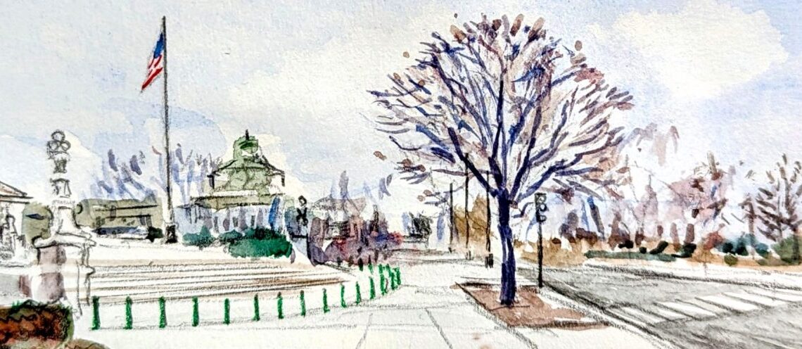 artist's sketch of a panoramic view showing Supreme Court building on left, a colorful tree in the center of the image, and the Capitol building in the distance on the right