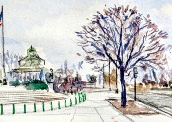 artist's sketch of a panoramic view showing Supreme Court building on left, a colorful tree in the center of the image, and the Capitol building in the distance on the right