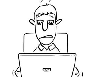 Vector Comic Cartoon of Tired or Overworked Businessman or Man or Office Worker Typing or Working on Computer