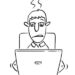 Vector Comic Cartoon of Tired or Overworked Businessman or Man or Office Worker Typing or Working on Computer