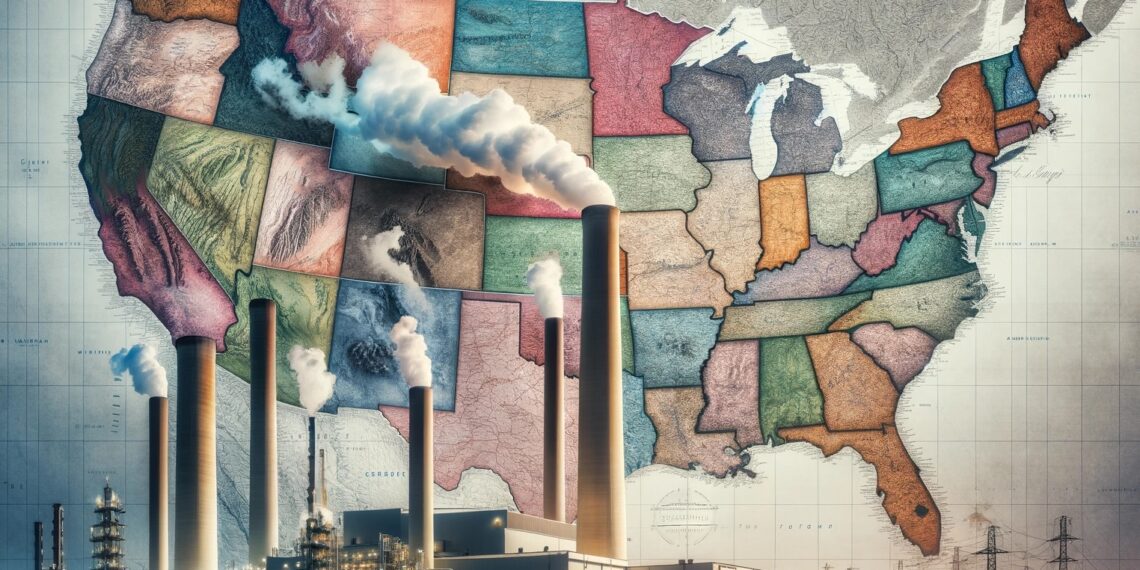Power plants burning over a map of the continental United States