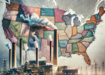 Power plants burning over a map of the continental United States