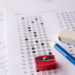 Standardized test with pencil, sharpener and eraser