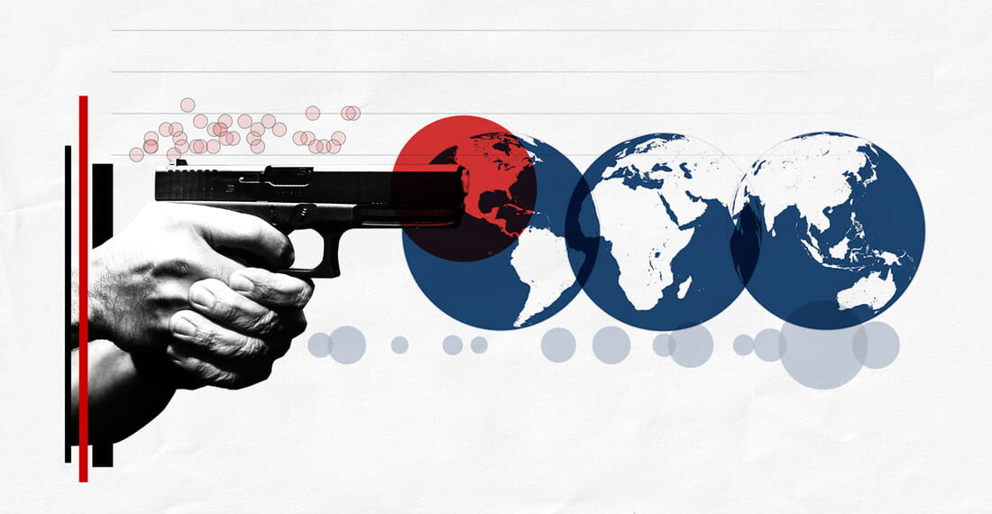 An image that depicts a person holding a gun. Three angles of the world are shown next to it with a red circle over the United States. This depicts gun violence as a serious issue in the United States.