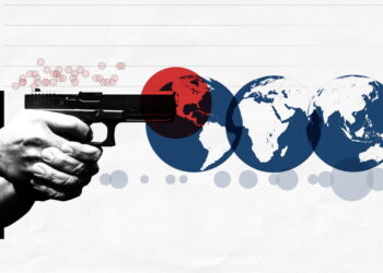 An image that depicts a person holding a gun. Three angles of the world are shown next to it with a red circle over the United States. This depicts gun violence as a serious issue in the United States.