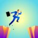 lateral move Businessman jumps over the ravine