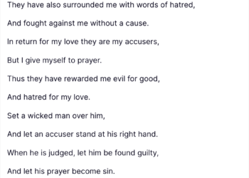 Trump Truth Social post: Received this morning—Beautiful, thank you! “It’s ironic that Christ walked through His greatest persecution the very week they are trying to steal your property from you. But have you seen this verse…?” Psalm 109:3–8 (NKJV): They have also surrounded me with words of hatred, And fought against me without a cause. In return for my love they are my accusers, But I give myself to prayer. Thus they have rewarded me evil for good, And hatred for my love. Set a wicked man over him, And let an accuser stand at his right hand. When he is judged, let him be found guilty, And let his prayer become sin. Let his days be few, And let another take his office🇺🇸 ### “I’m praying this over you daily. So many praying for you. Thank you again for taking the arrows intended for us. We love you