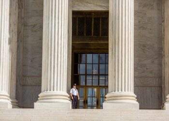 Guard standing on the Supreme Court steps.