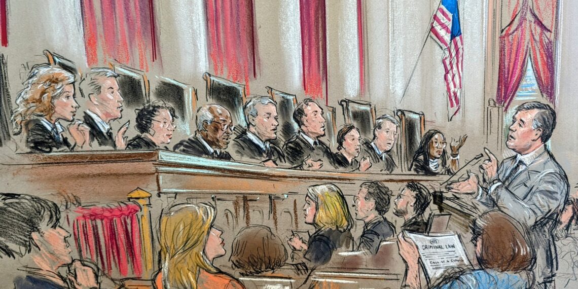 Man argues before full courtroom and bench of 9 justices.