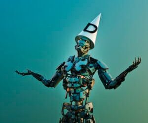 Robot wearing dunce hat stands with arms out
