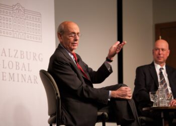 Justice Breyer speaks as Adam Liptak looks on