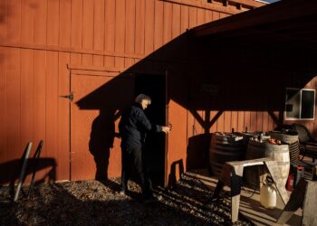 A man holds open a barn door